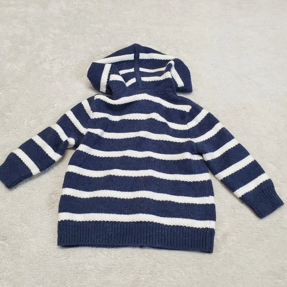 Ralph Lauren Blue White Striped Knit Hooded‎ Sweater Cardigan Baby Boy 12 months